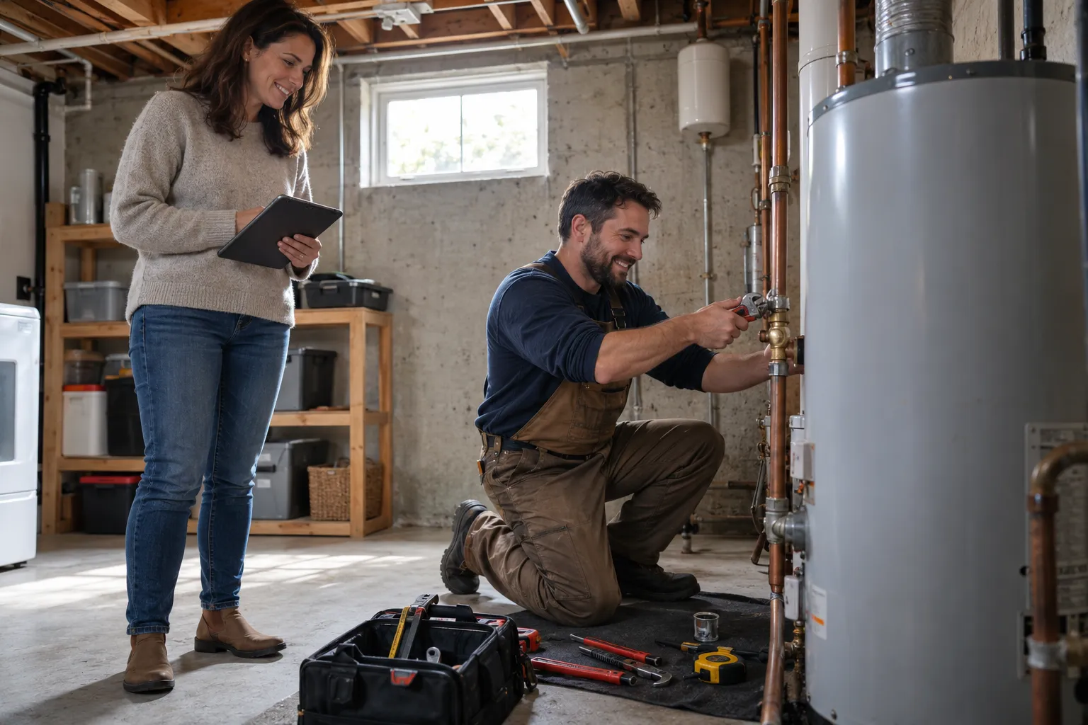 Friendly plumber checking a pipe under a kitchen sink for a Pevely homeowner