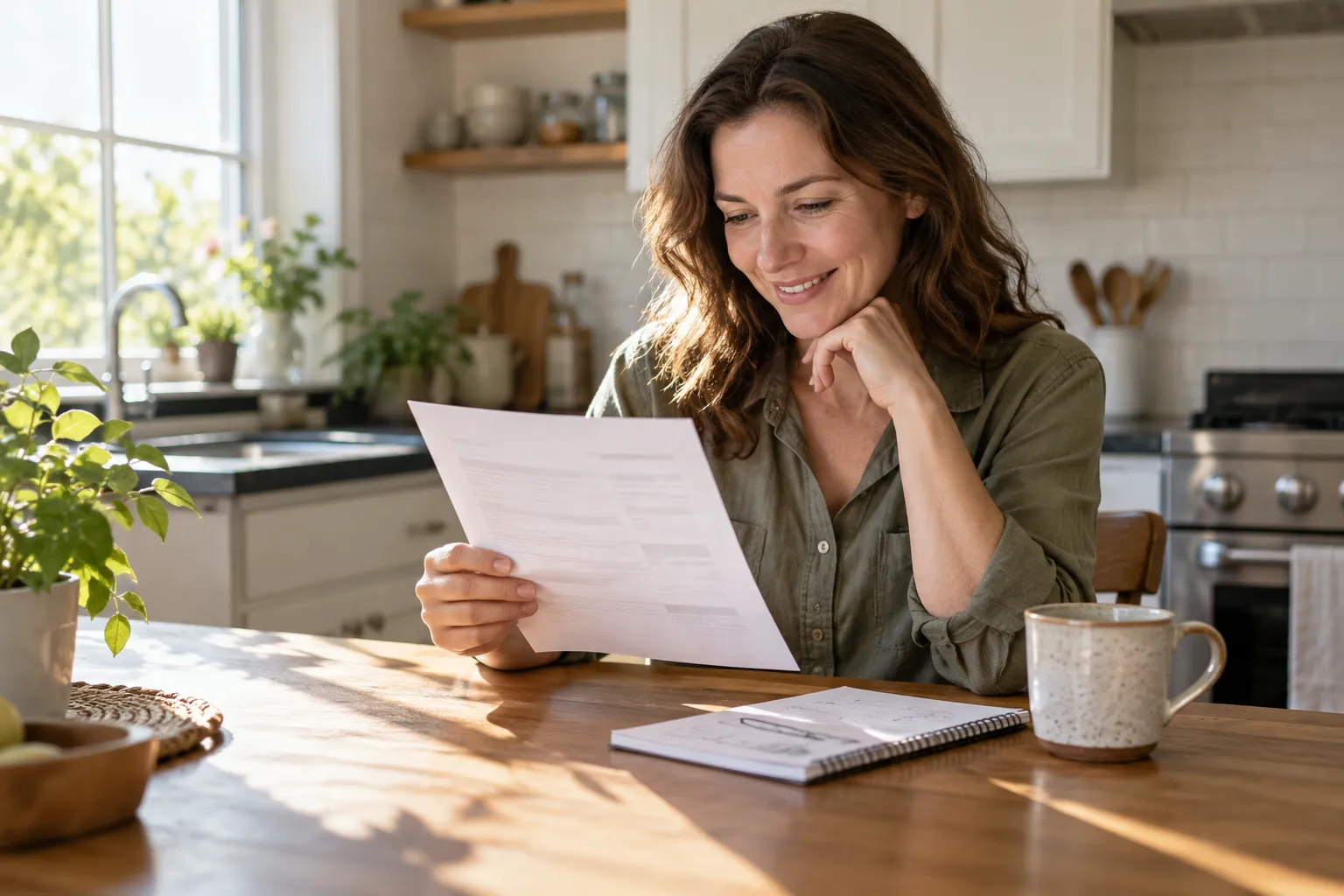 A homeowner reviewing a written plumbing quote at the kitchen table