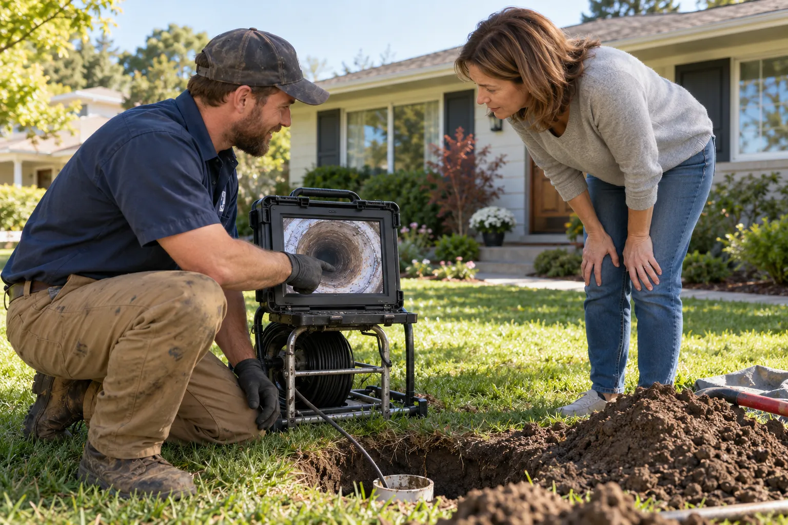 A local sewer line repair provider reviewing a camera inspection screen with a homeowner in Pevely